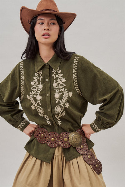 Embroidered Corduroy Western Shirt with Floral Stitch