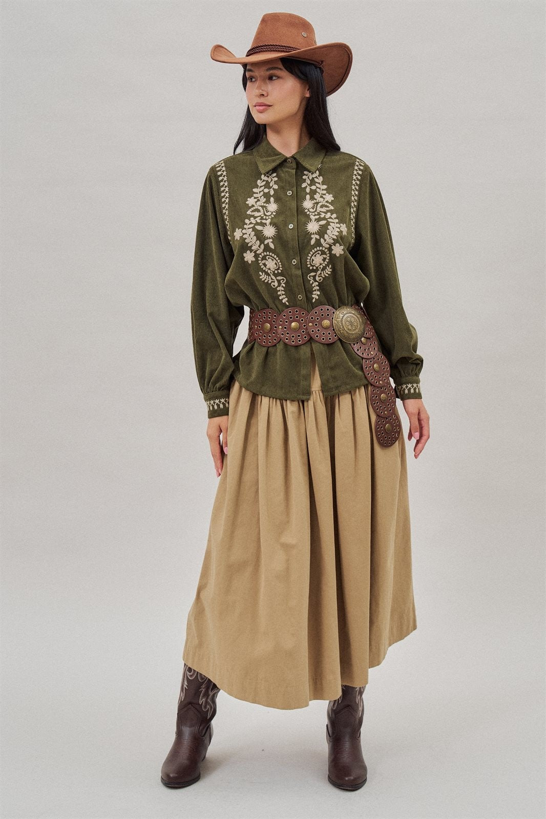 Embroidered Corduroy Western Shirt with Floral Stitch in Olive - Women's Blankets | Urban Daizy