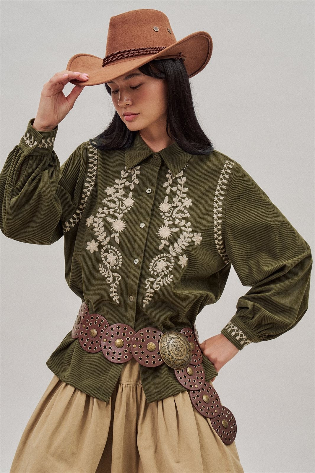 Embroidered Corduroy Western Shirt with Floral Stitch in Olive - Women's Blankets | Urban Daizy