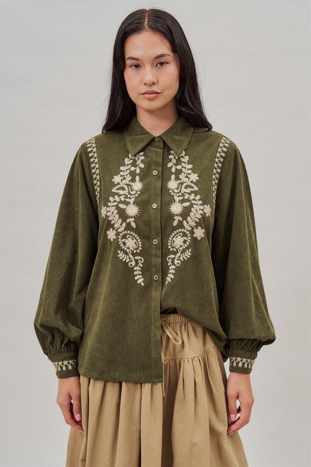 Embroidered Corduroy Western Shirt with Floral Stitch in Olive - Women's Blankets | Urban Daizy