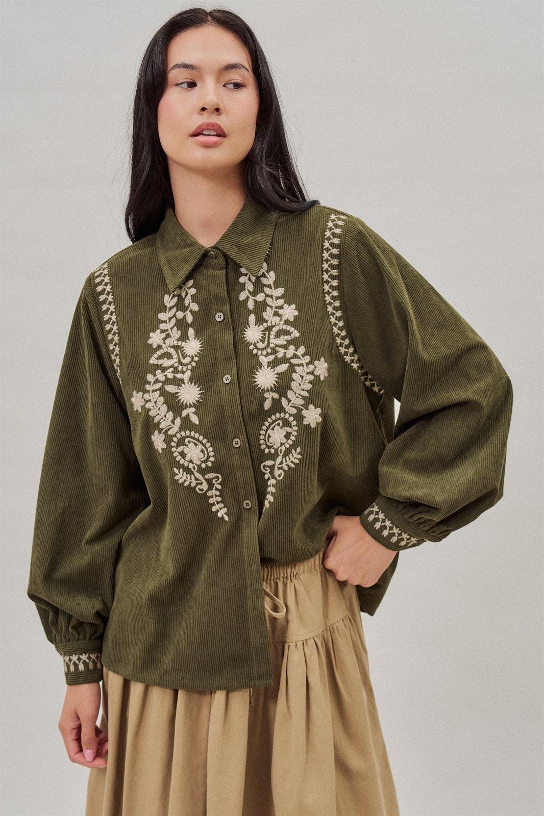 Embroidered Corduroy Western Shirt with Floral Stitch in Olive - Women's Blankets | Urban Daizy