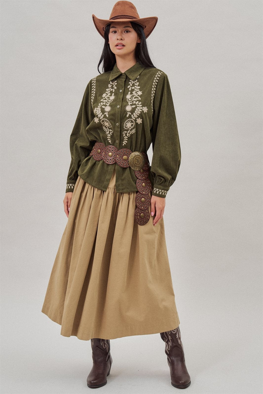 Embroidered Corduroy Western Shirt with Floral Stitch in Olive - Women's Blankets | Urban Daizy