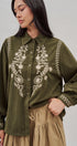 Embroidered Corduroy Western Shirt with Floral Stitch in Olive - Women's Blankets | Urban Daizy