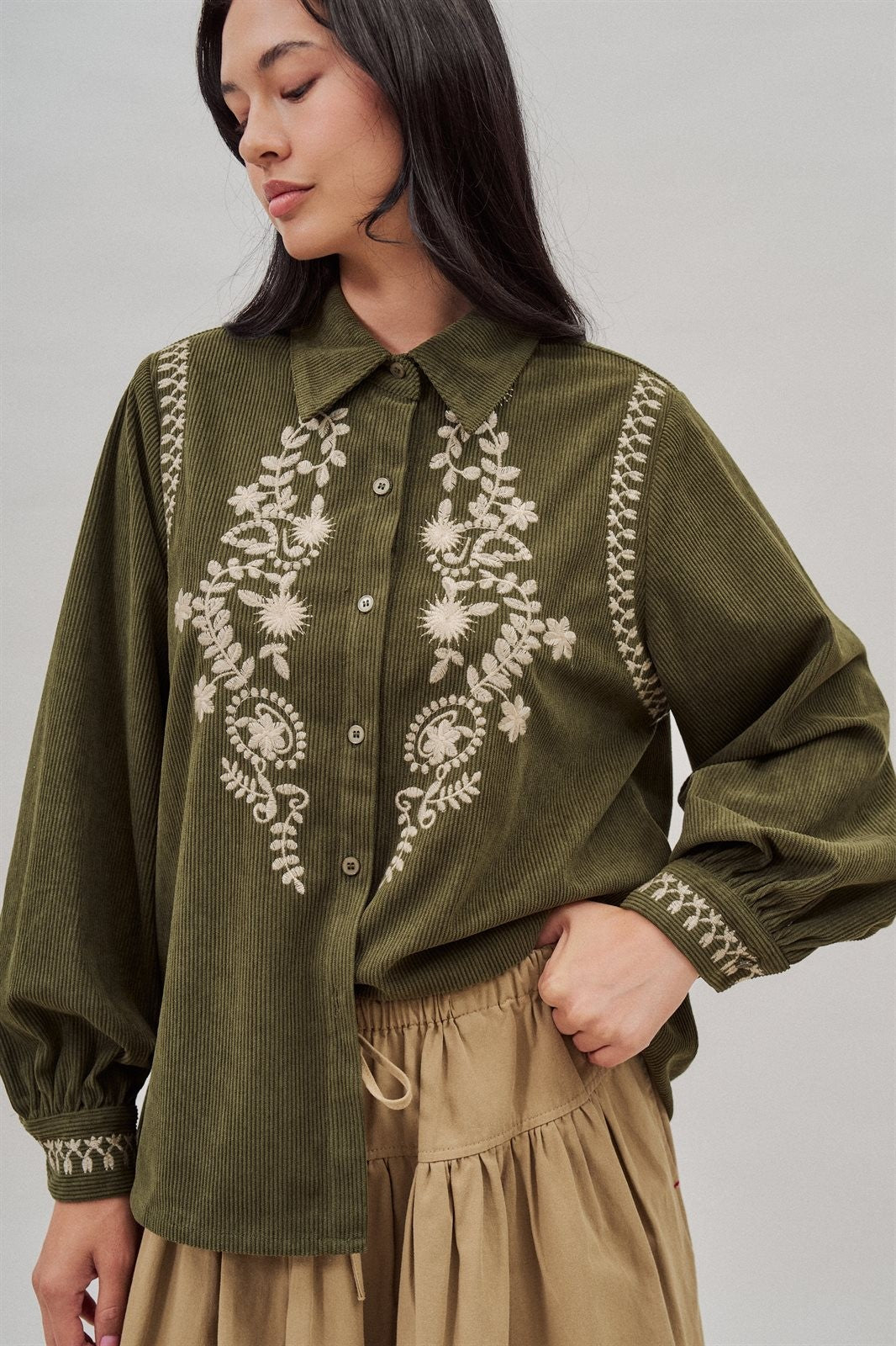 Embroidered Corduroy Western Shirt with Floral Stitch in Olive - Women's Blankets | Urban Daizy