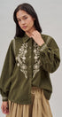 Embroidered Corduroy Western Shirt with Floral Stitch in Olive - Women's Blankets | Urban Daizy