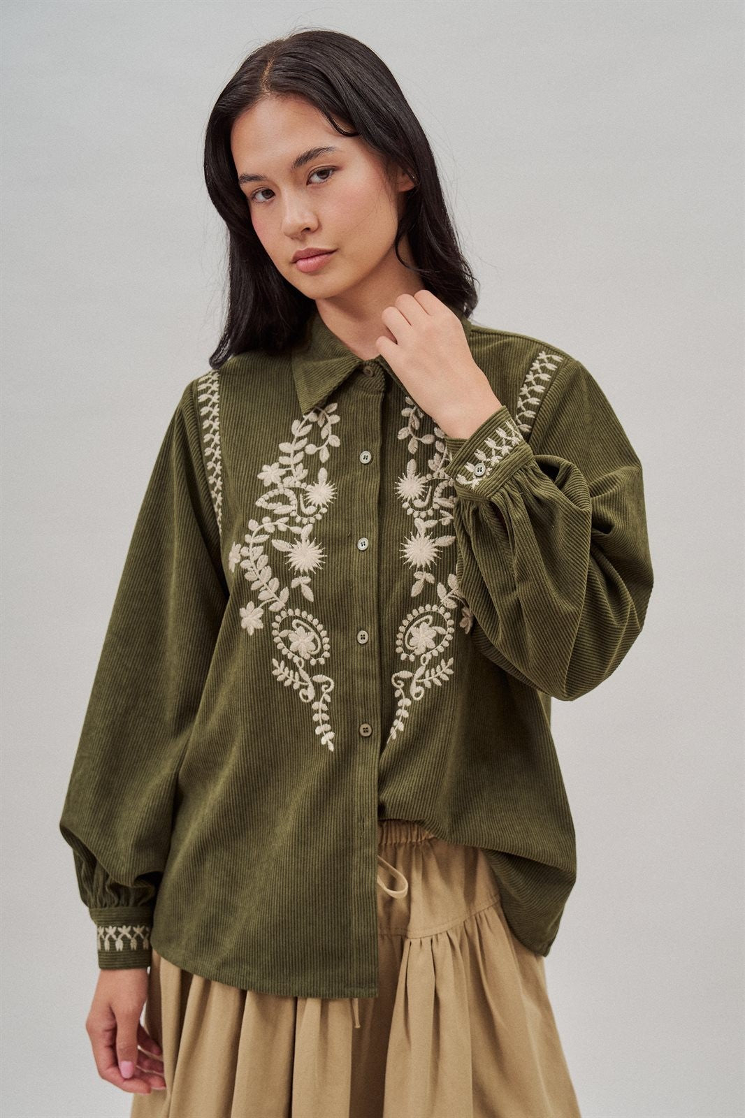 Embroidered Corduroy Western Shirt with Floral Stitch in Olive - Women's Blankets | Urban Daizy