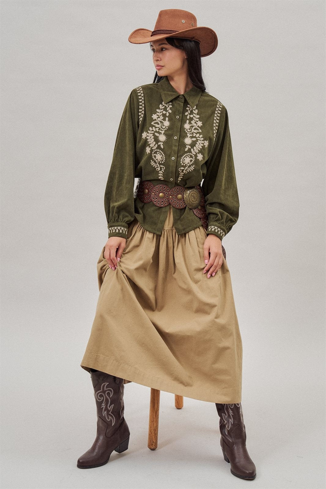 Embroidered Corduroy Western Shirt with Floral Stitch in Olive - Women's Blankets | Urban Daizy