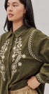 Embroidered Corduroy Western Shirt with Floral Stitch in Olive - Women's Blankets | Urban Daizy