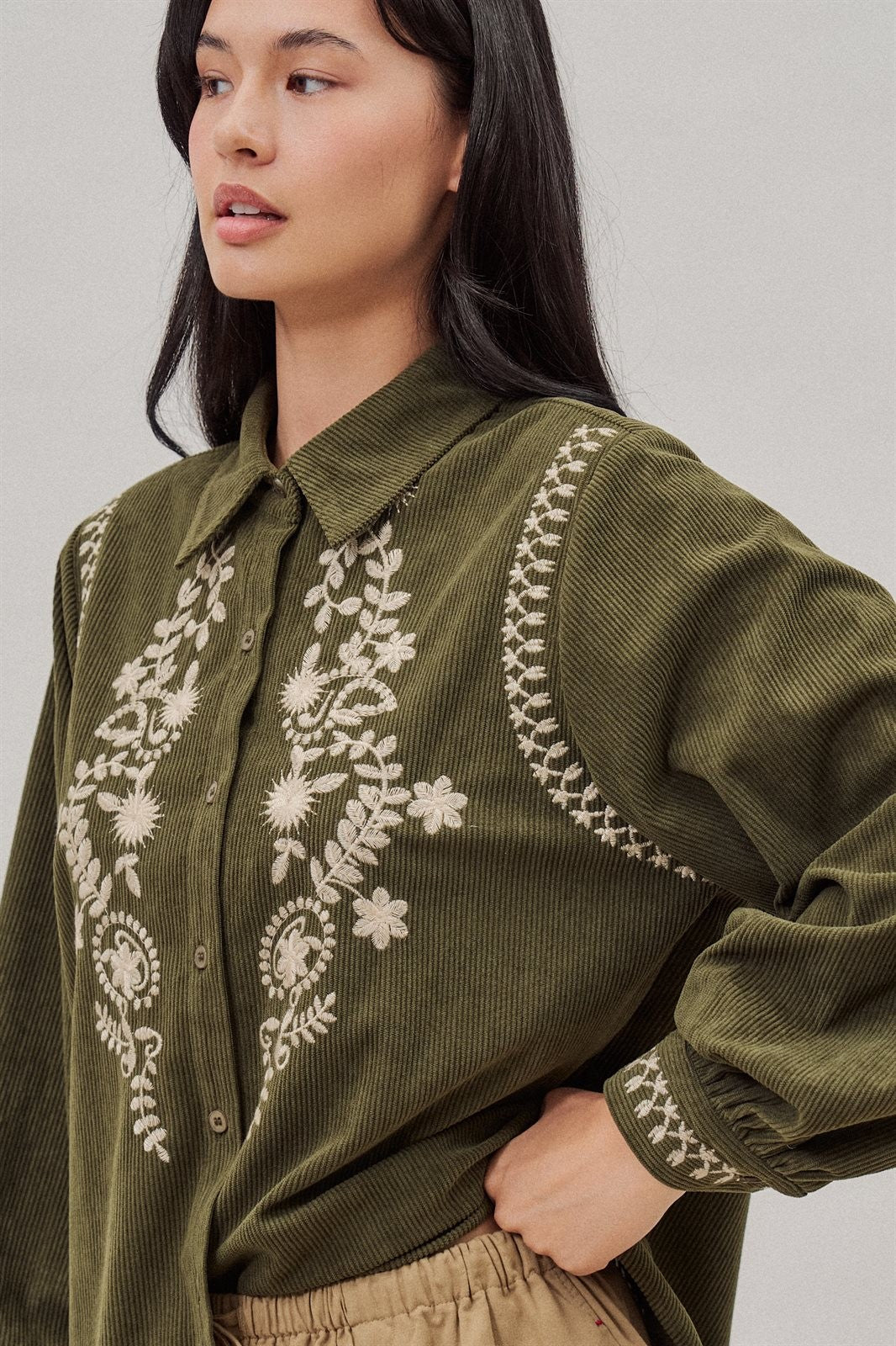 Embroidered Corduroy Western Shirt with Floral Stitch in Olive - Women's Blankets | Urban Daizy