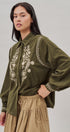 Embroidered Corduroy Western Shirt with Floral Stitch in Olive - Women's Blankets | Urban Daizy