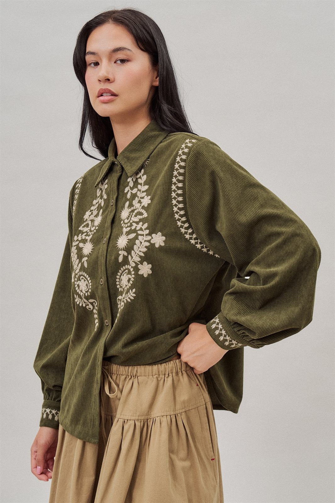Embroidered Corduroy Western Shirt with Floral Stitch in Olive - Women's Blankets | Urban Daizy