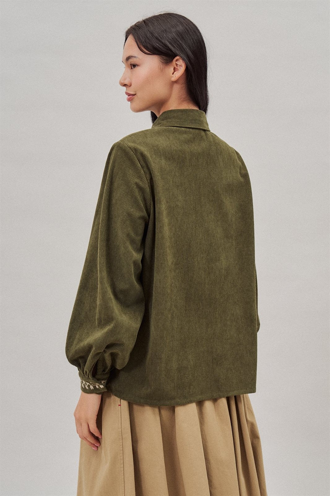 Embroidered Corduroy Western Shirt with Floral Stitch in Olive - Women's Blankets | Urban Daizy