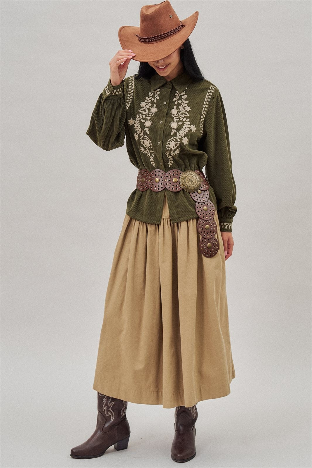 Embroidered Corduroy Western Shirt with Floral Stitch in Olive - Women's Blankets | Urban Daizy