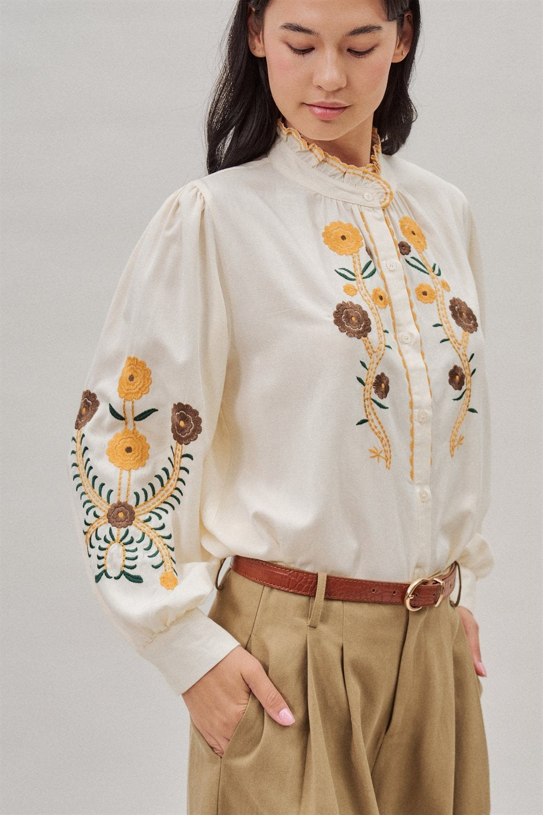 Floral Embroidered Ruffle Collar Cotton Blouse in Ivory - Women's Blankets | Urban Daizy