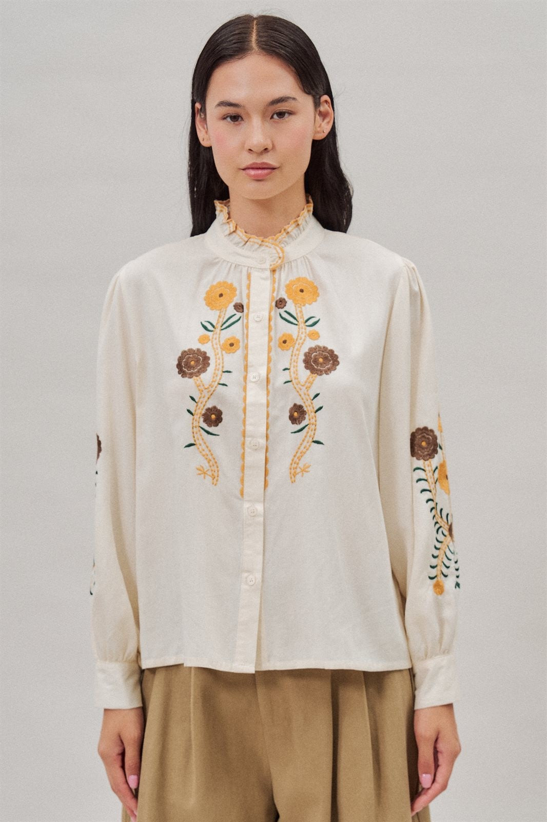 Floral Embroidered Ruffle Collar Cotton Blouse in Ivory - Women's Blankets | Urban Daizy