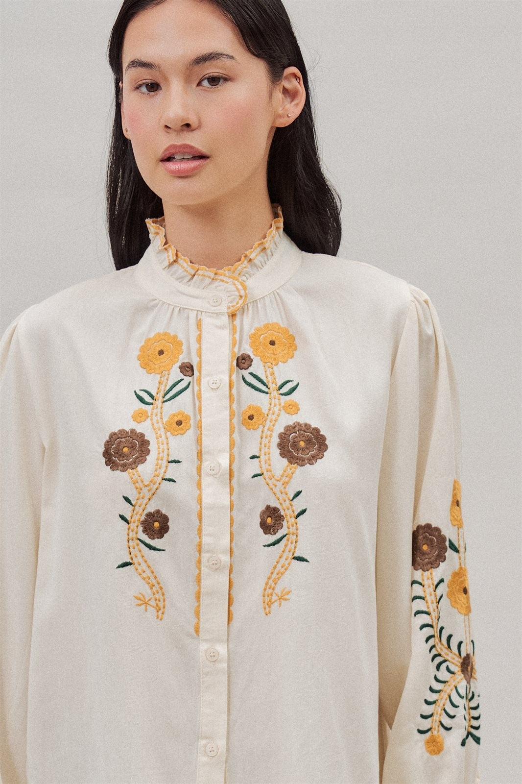 Floral Embroidered Ruffle Collar Cotton Blouse in Ivory - Women's Blankets | Urban Daizy