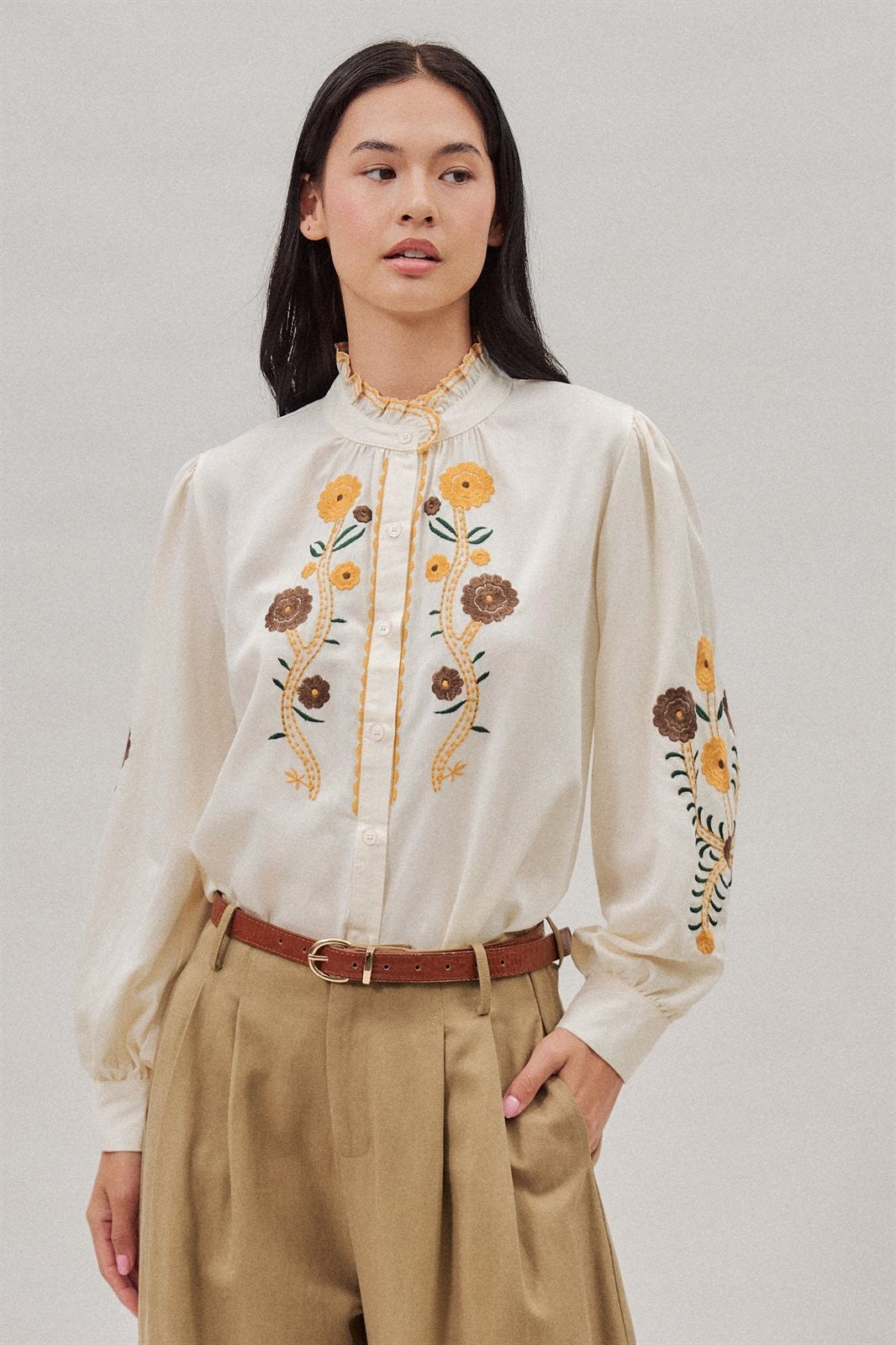 Floral Embroidered Ruffle Collar Cotton Blouse in Ivory - Women's Blankets | Urban Daizy