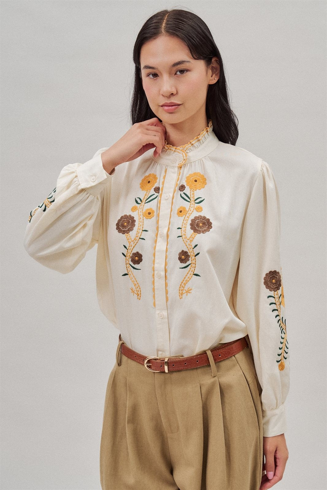 Floral Embroidered Ruffle Collar Cotton Blouse in Ivory - Women's Blankets | Urban Daizy