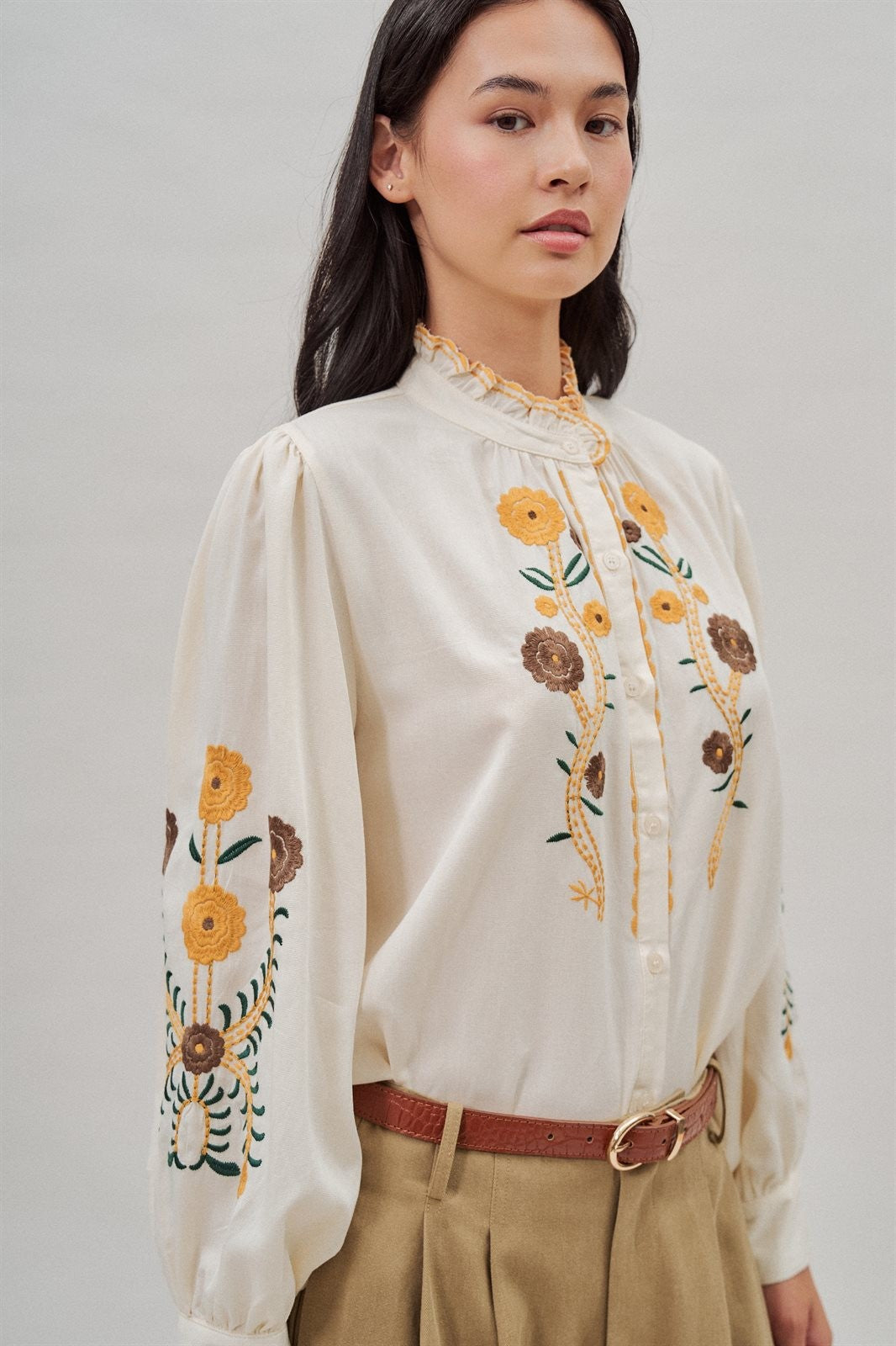 Floral Embroidered Ruffle Collar Cotton Blouse in Ivory - Women's Blankets | Urban Daizy