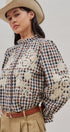 Floral Embroidered Gingham Blouse with Ruffle Collar in Brown Navy - Women's Blankets | Urban Daizy