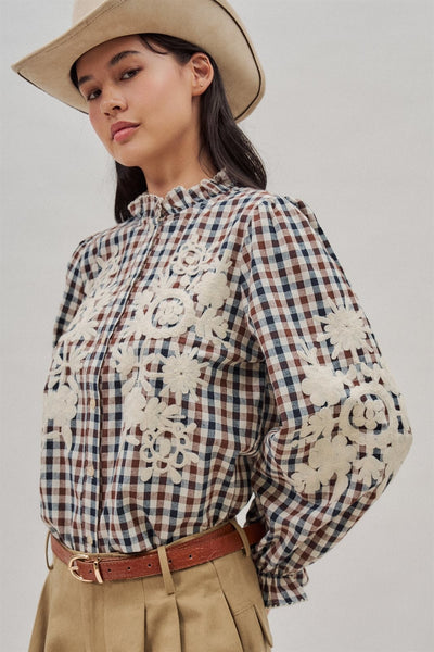 Floral Embroidered Gingham Blouse with Ruffle Collar