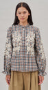 Floral Embroidered Gingham Blouse with Ruffle Collar in Brown Navy - Women's Blankets | Urban Daizy