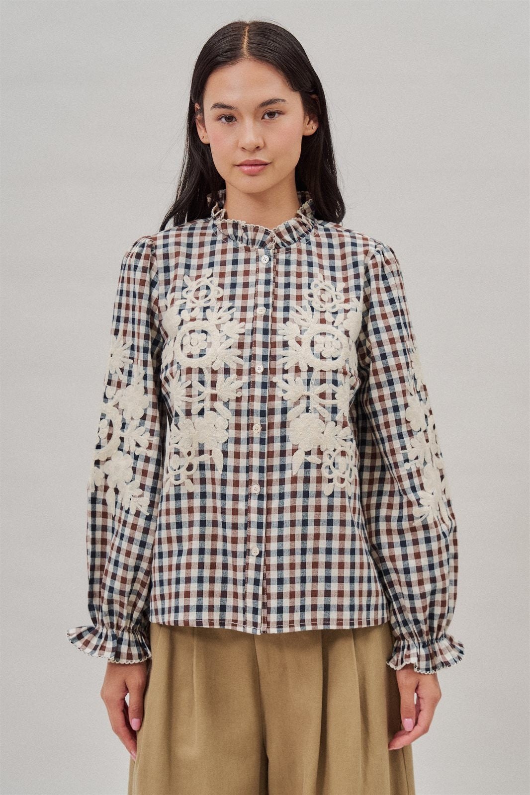 Floral Embroidered Gingham Blouse with Ruffle Collar in Brown Navy - Women's Blankets | Urban Daizy