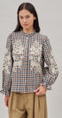 Floral Embroidered Gingham Blouse with Ruffle Collar in Brown Navy - Women's Blankets | Urban Daizy