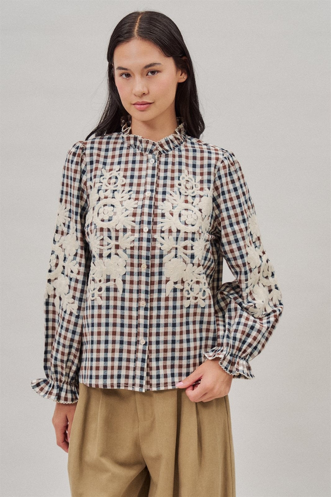 Floral Embroidered Gingham Blouse with Ruffle Collar in Brown Navy - Women's Blankets | Urban Daizy