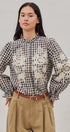 Floral Embroidered Gingham Blouse with Ruffle Collar in Brown Navy - Women's Blankets | Urban Daizy