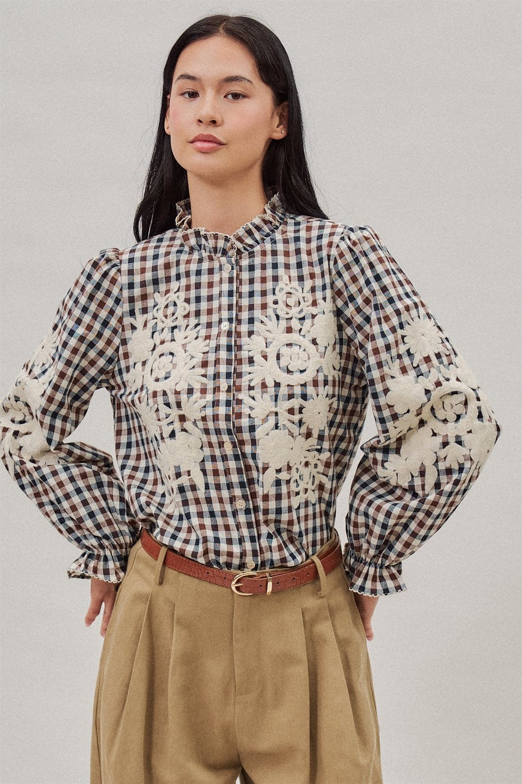 Floral Embroidered Gingham Blouse with Ruffle Collar in Brown Navy - Women's Blankets | Urban Daizy