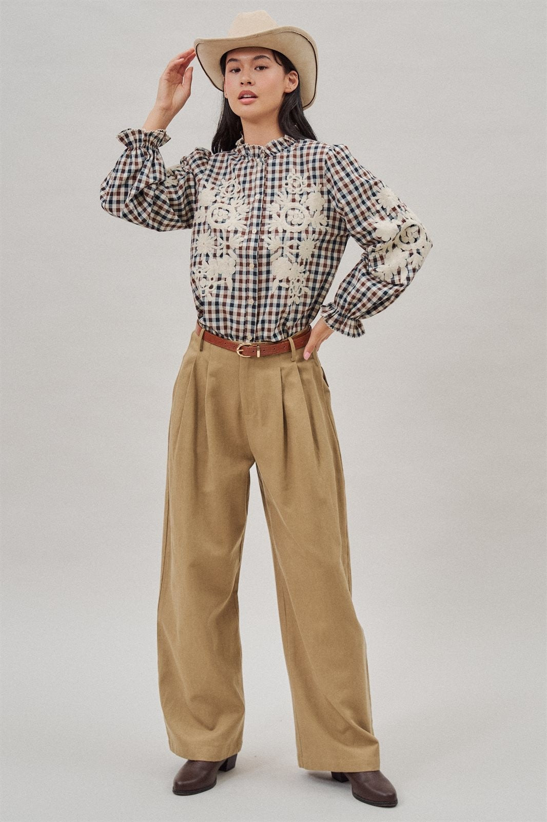 Floral Embroidered Gingham Blouse with Ruffle Collar in Brown Navy - Women's Blankets | Urban Daizy