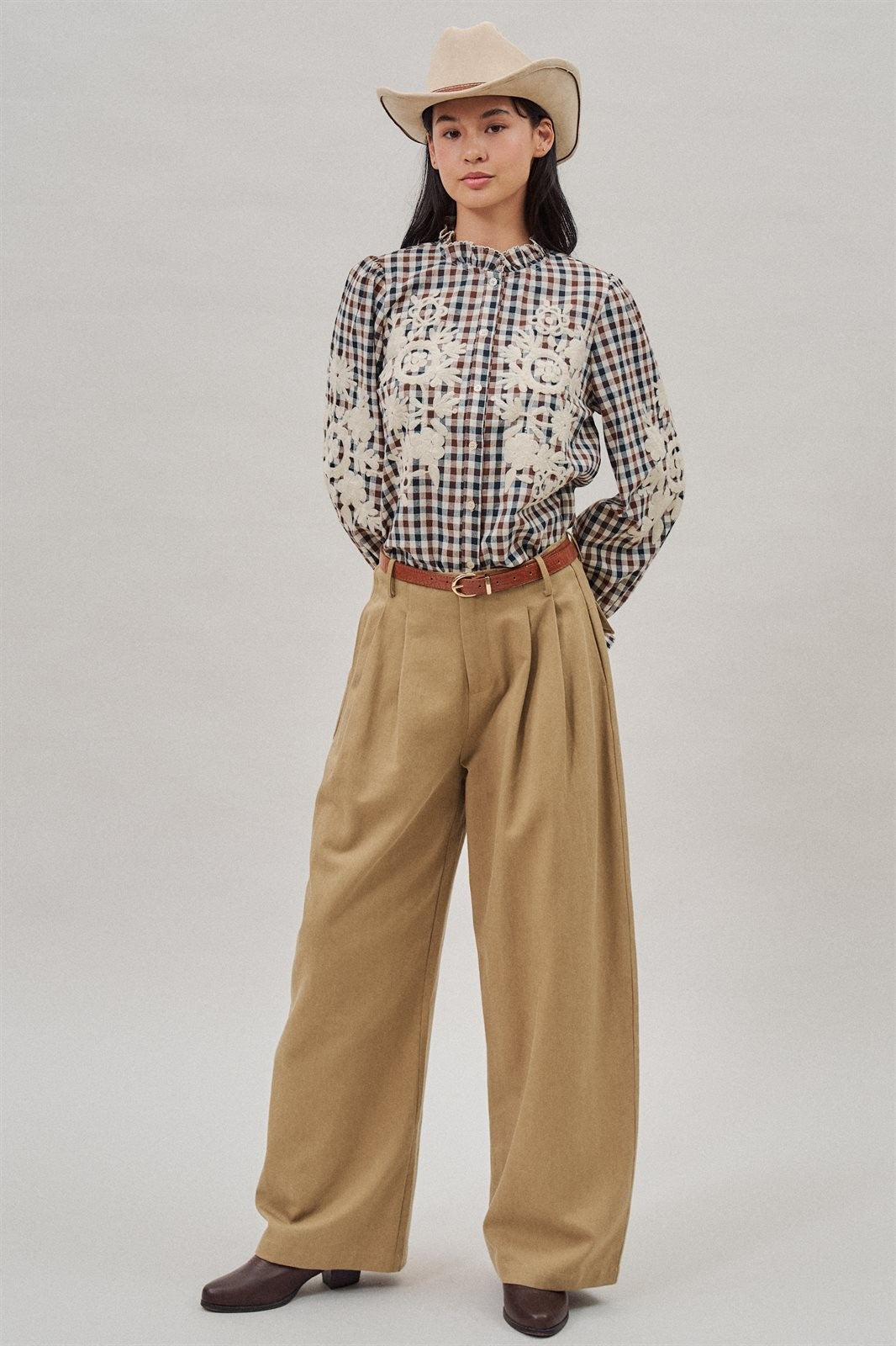Floral Embroidered Gingham Blouse with Ruffle Collar in Brown Navy - Women's Blankets | Urban Daizy