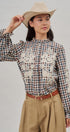 Floral Embroidered Gingham Blouse with Ruffle Collar in Brown Navy - Women's Blankets | Urban Daizy