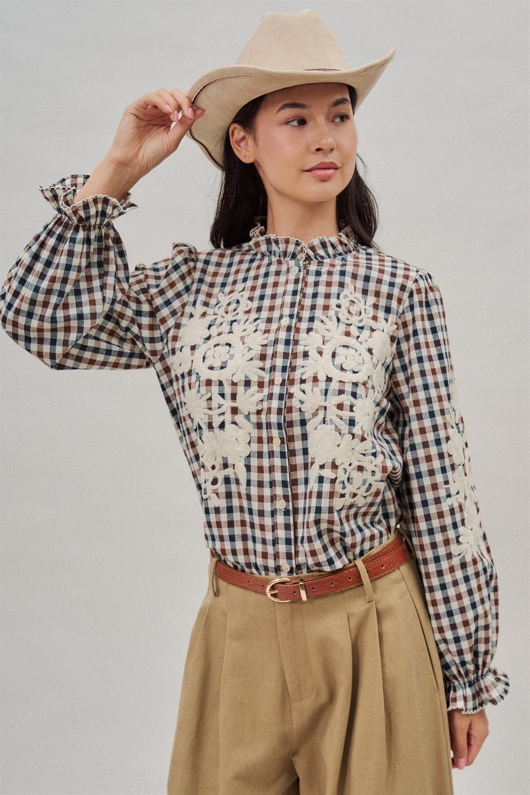 Floral Embroidered Gingham Blouse with Ruffle Collar in Brown Navy - Women's Blankets | Urban Daizy