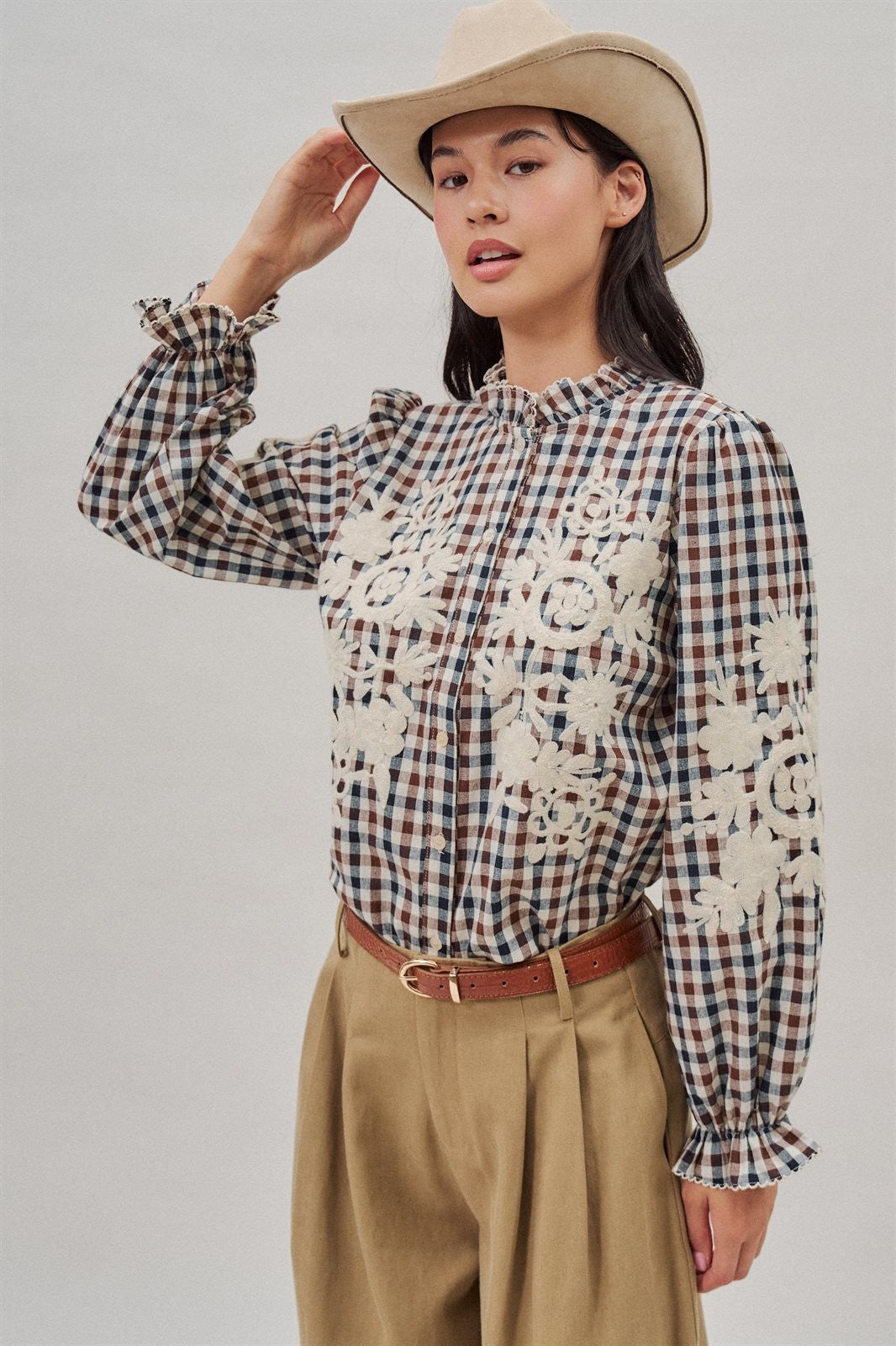 Floral Embroidered Gingham Blouse with Ruffle Collar in Brown Navy - Women's Blankets | Urban Daizy