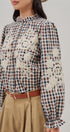 Floral Embroidered Gingham Blouse with Ruffle Collar in Brown Navy - Women's Blankets | Urban Daizy