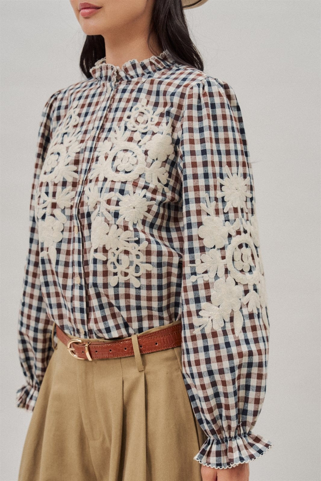 Floral Embroidered Gingham Blouse with Ruffle Collar in Brown Navy - Women's Blankets | Urban Daizy