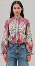 Floral Embroidered Gingham Blouse with Ruffle Collar in Brown Navy - Women's Blankets | Urban Daizy