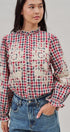 Floral Embroidered Gingham Blouse with Ruffle Collar in Brown Navy - Women's Blankets | Urban Daizy