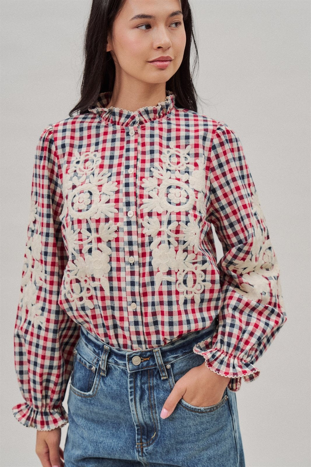 Floral Embroidered Gingham Blouse with Ruffle Collar in Brown Navy - Women's Blankets | Urban Daizy