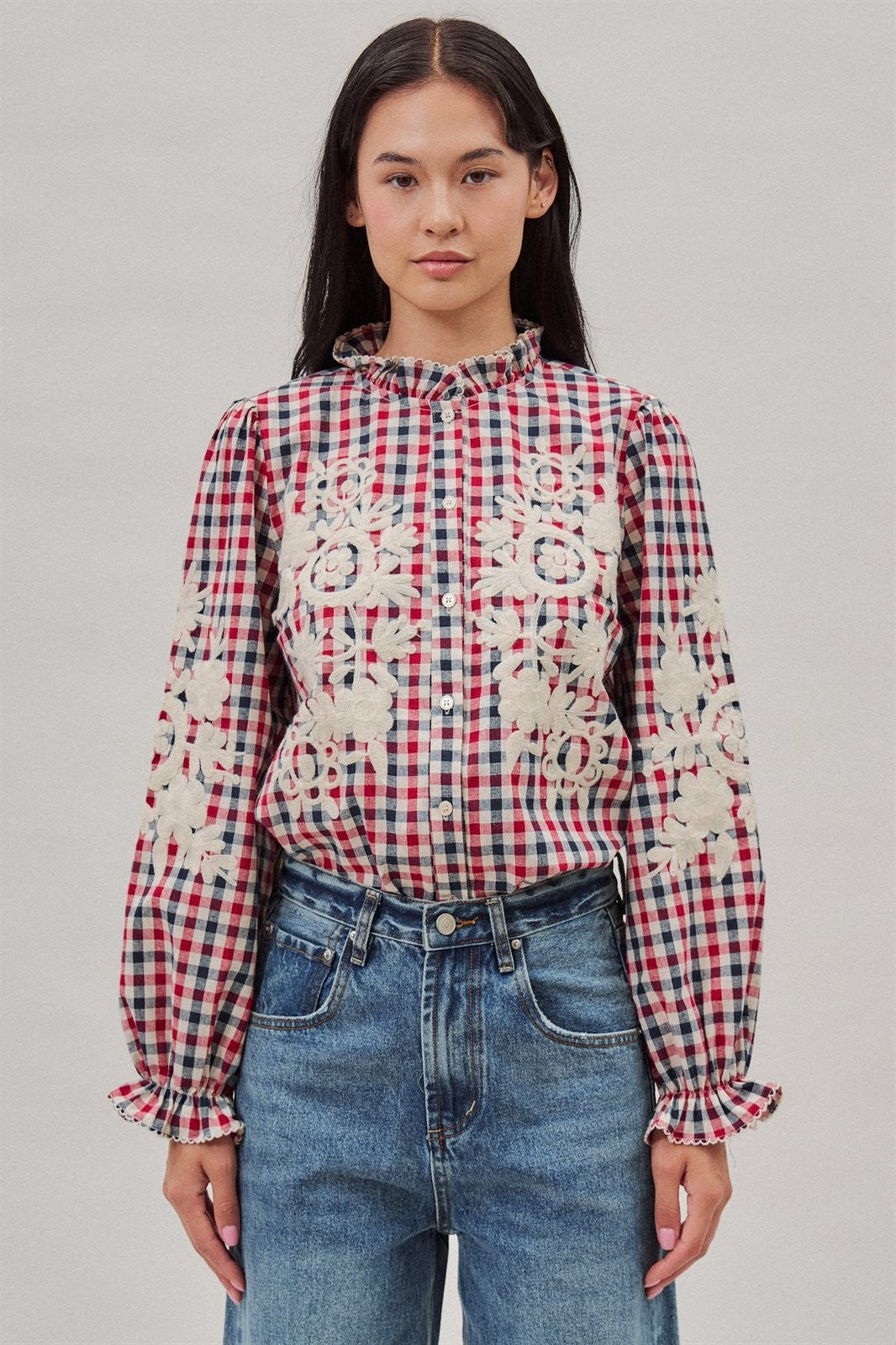 Floral Embroidered Gingham Blouse with Ruffle Collar in Brown Navy - Women's Blankets | Urban Daizy