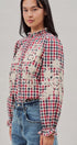 Floral Embroidered Gingham Blouse with Ruffle Collar in Brown Navy - Women's Blankets | Urban Daizy