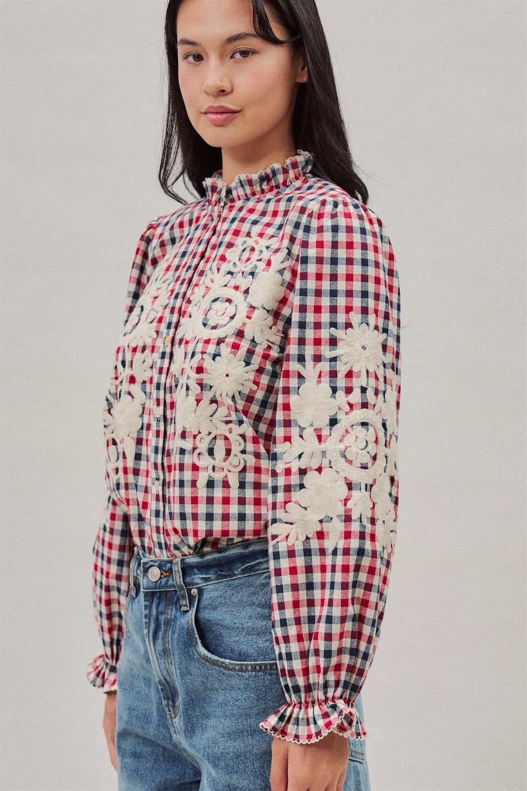 Floral Embroidered Gingham Blouse with Ruffle Collar in Brown Navy - Women's Blankets | Urban Daizy