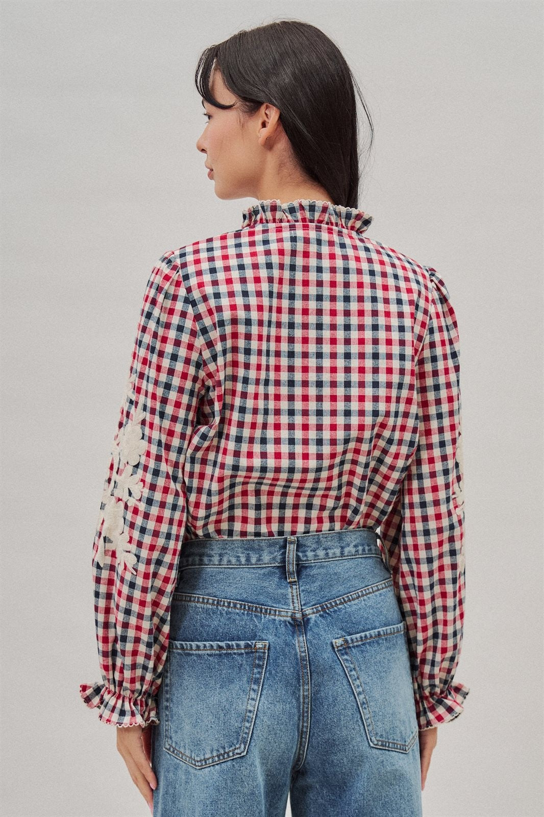 Floral Embroidered Gingham Blouse with Ruffle Collar in Brown Navy - Women's Blankets | Urban Daizy