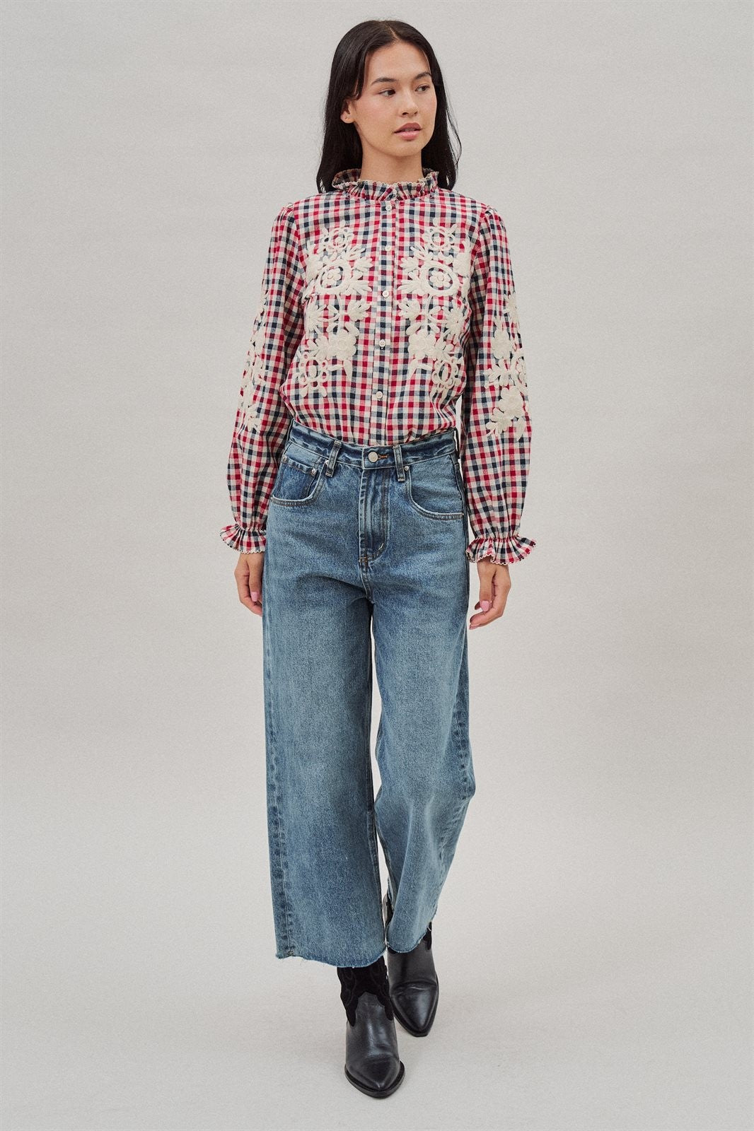 Floral Embroidered Gingham Blouse with Ruffle Collar in Brown Navy - Women's Blankets | Urban Daizy