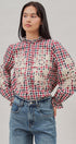Floral Embroidered Gingham Blouse with Ruffle Collar in Brown Navy - Women's Blankets | Urban Daizy