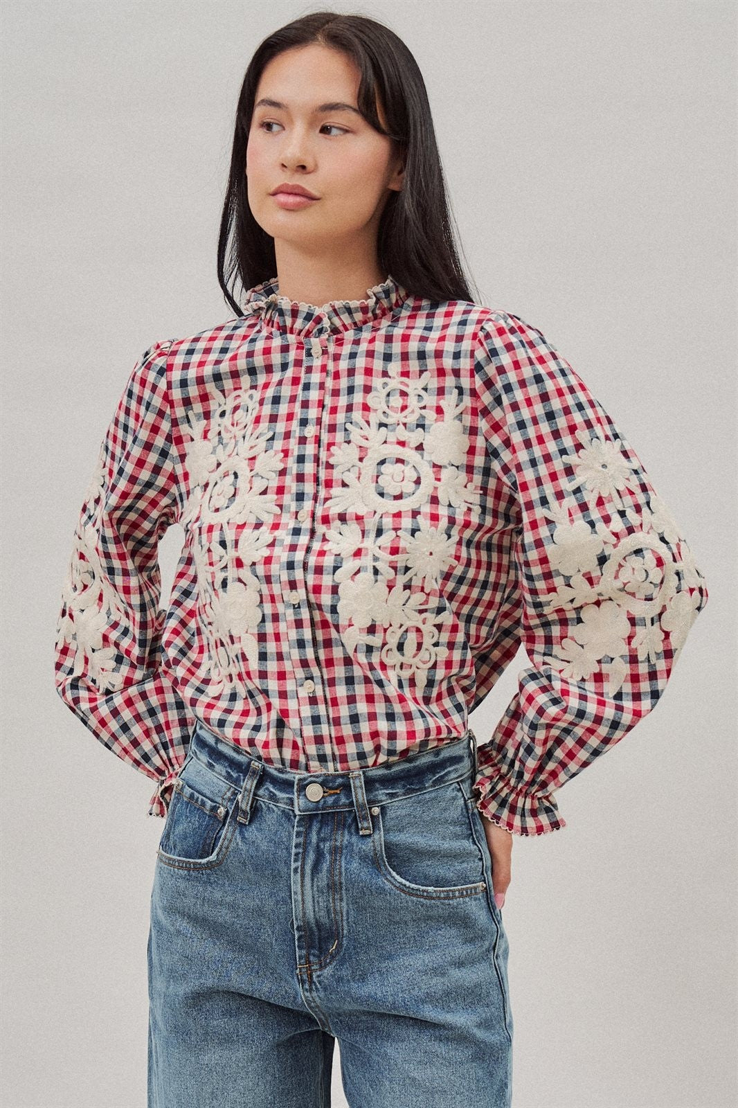 Floral Embroidered Gingham Blouse with Ruffle Collar in Brown Navy - Women's Blankets | Urban Daizy