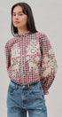 Floral Embroidered Gingham Blouse with Ruffle Collar in Brown Navy - Women's Blankets | Urban Daizy