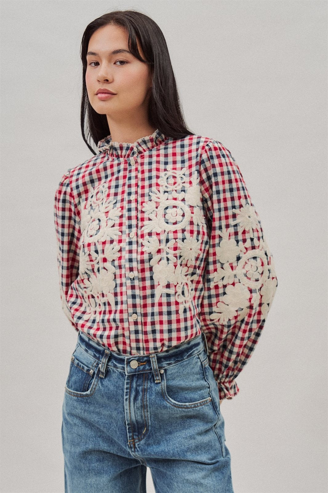 Floral Embroidered Gingham Blouse with Ruffle Collar in Brown Navy - Women's Blankets | Urban Daizy